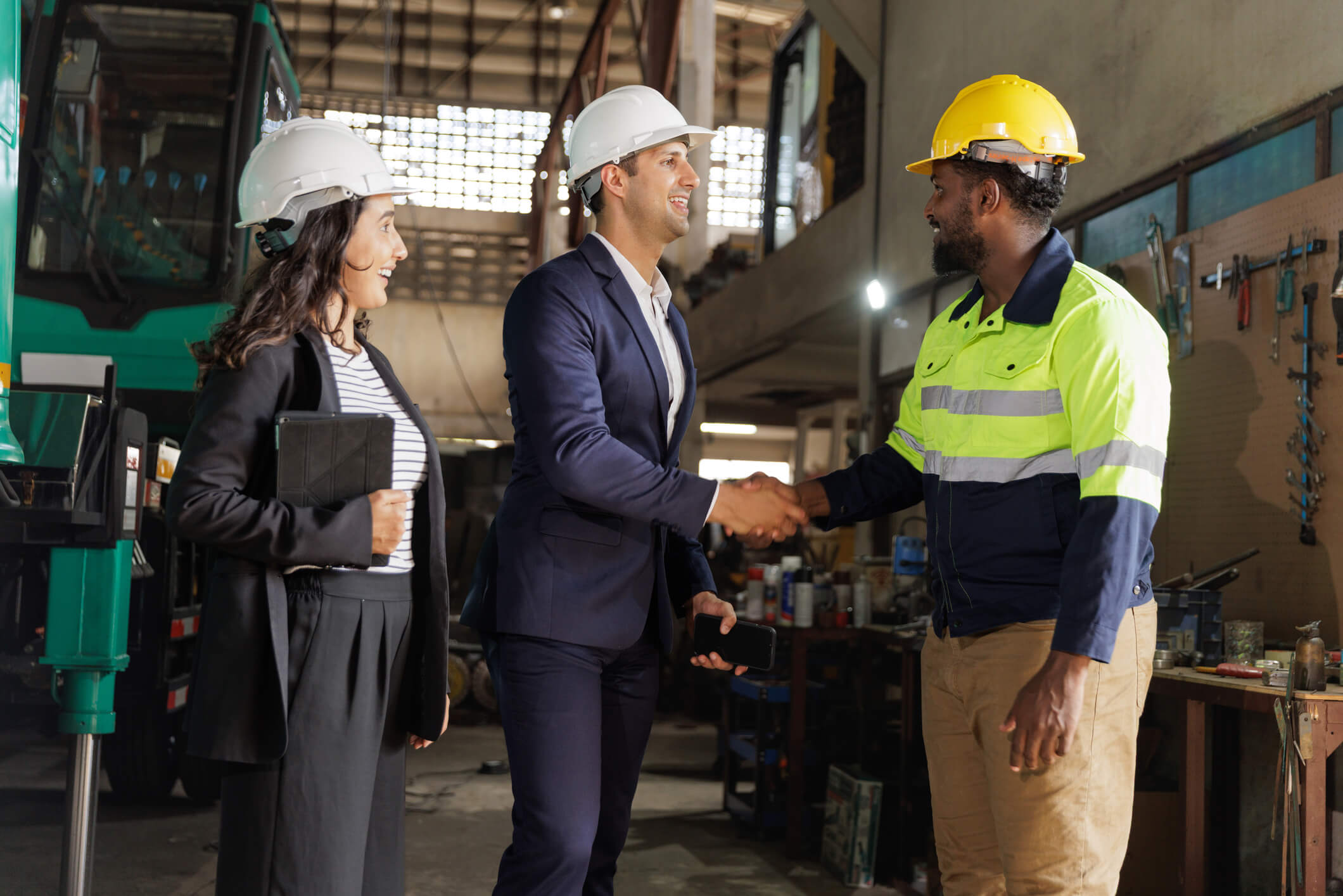 Professionals meeting at a warehouse